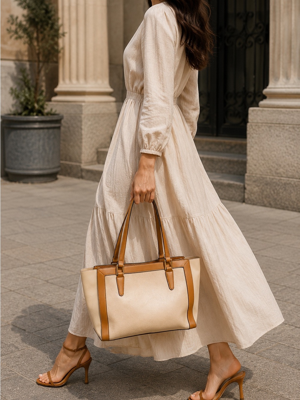 Antonio Melani two-toned handbag features beige lining and gold-toned hardware.